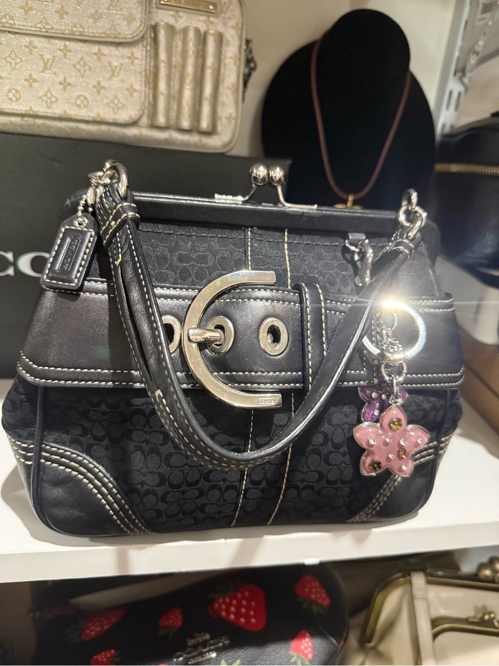 Coach Soho Y2K in Black Signature Satchel with Pink Flower Charm